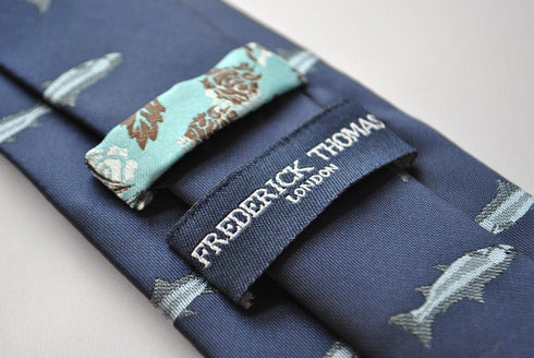 navy tie with grey trout embroidered design